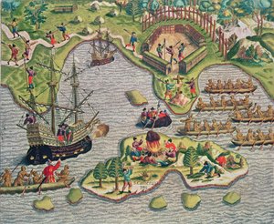 岩の間でのクロスの発見、「アメリカテルティアパース...」、1562年 作： Theodore de Bry
